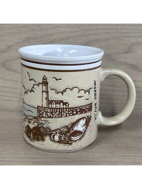 Vtg Morro Bay CA  Mug Beach Coastal Ocean Lighthouse Shells Sea Gull Boat EUC